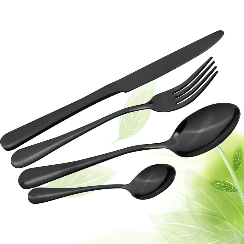4 Pieces Flatware Silverware Set Stainless Steel Cutlery Include Fork Spoon Dishwasher Safe (Black) - Image 1