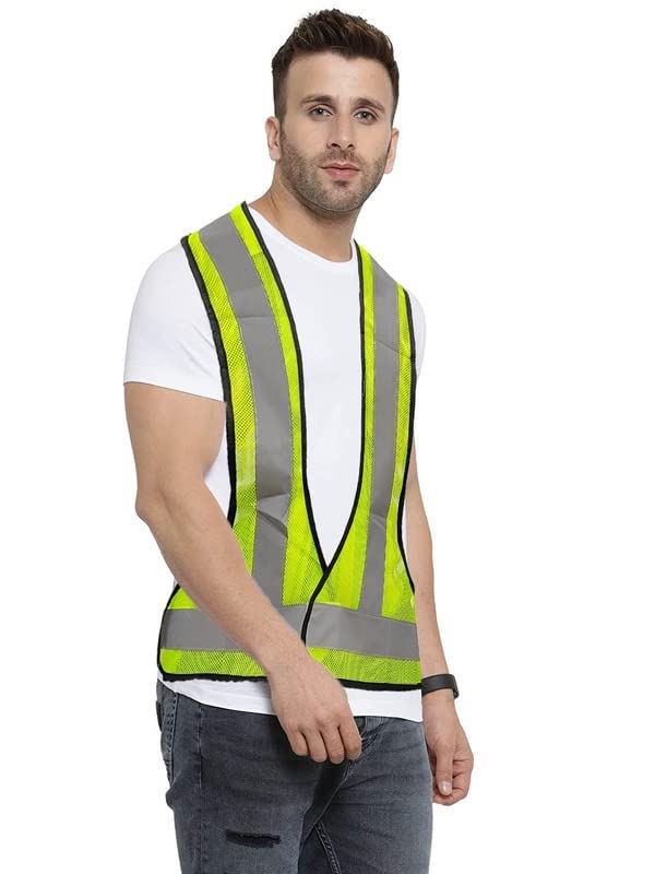 Satishve High Visibility Safety refelective jacket, Mesh Fabric, 3-Side Open, Reflective Strips, Neon Yellow - Image 2