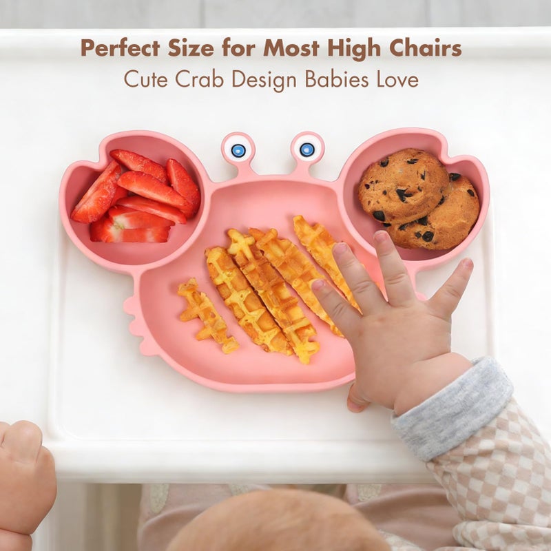 ROCCED Suction Plates for Baby, Silicone Plates with Suction Divided, Baby Spoon Fork Set for Toddler Baby Dishes Kids Utensils-Crab Pink - Image 3