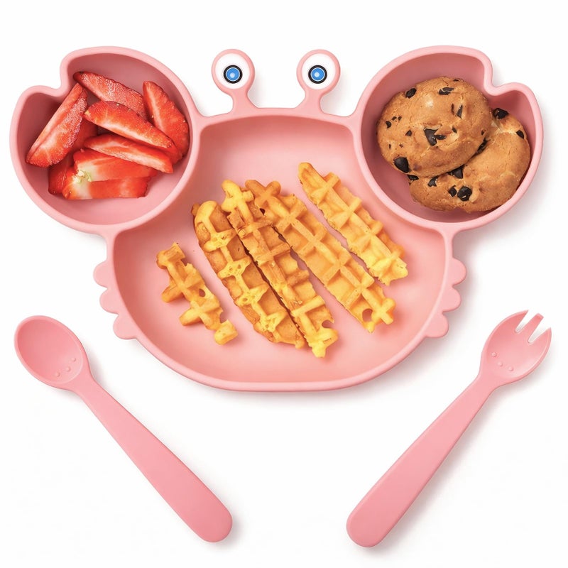 ROCCED Suction Plates for Baby, Silicone Plates with Suction Divided, Baby Spoon Fork Set for Toddler Baby Dishes Kids Utensils-Crab Pink - Image 1