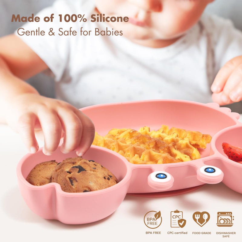 ROCCED Suction Plates for Baby, Silicone Plates with Suction Divided, Baby Spoon Fork Set for Toddler Baby Dishes Kids Utensils-Crab Pink - Image 2