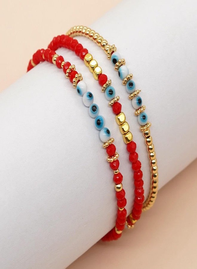 DATOA Evil Eye Rhinestone Crystal Bead Bracelet Handmade Beaded Stretch Bracelet Beach Jewelry-Red4 - Image 3
