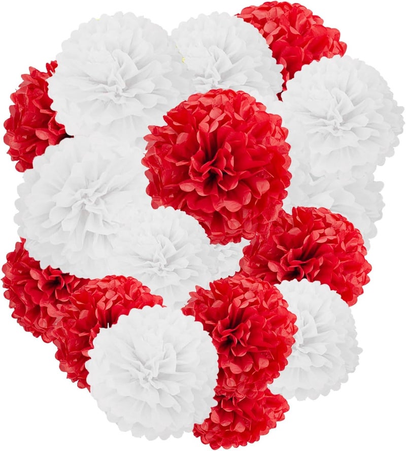 Capesaro Red and White Paper Pom Poms - 10",12" Tissue Pom Poms Decorations for Party Hanging Decor - 12 Piece Set - Image 1