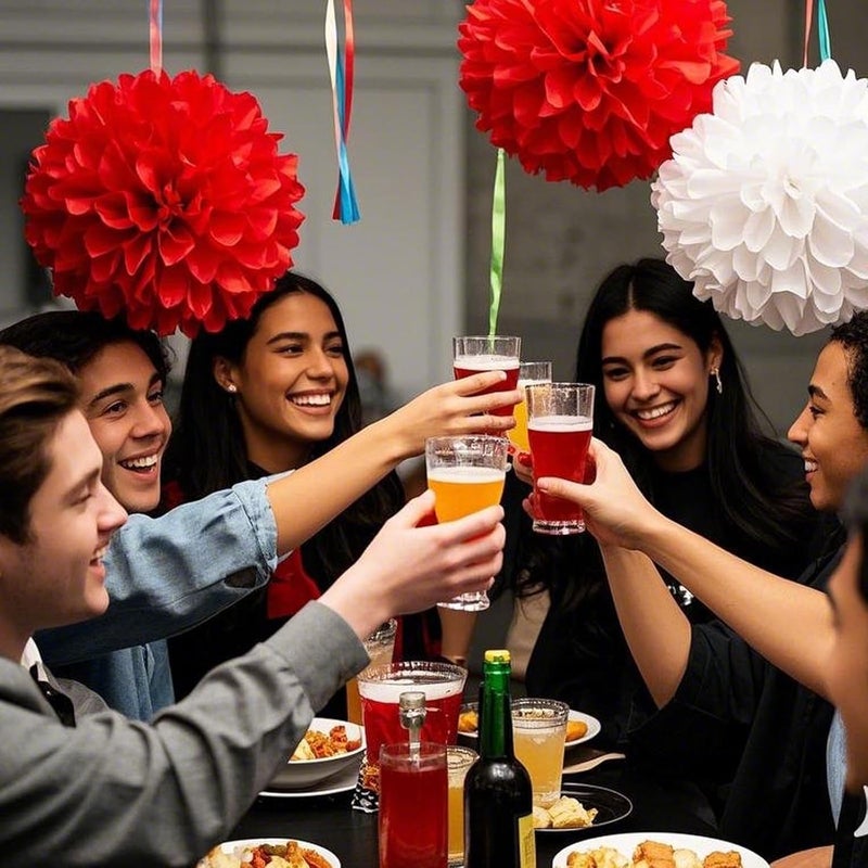 Capesaro Red and White Paper Pom Poms - 10",12" Tissue Pom Poms Decorations for Party Hanging Decor - 12 Piece Set - Image 3