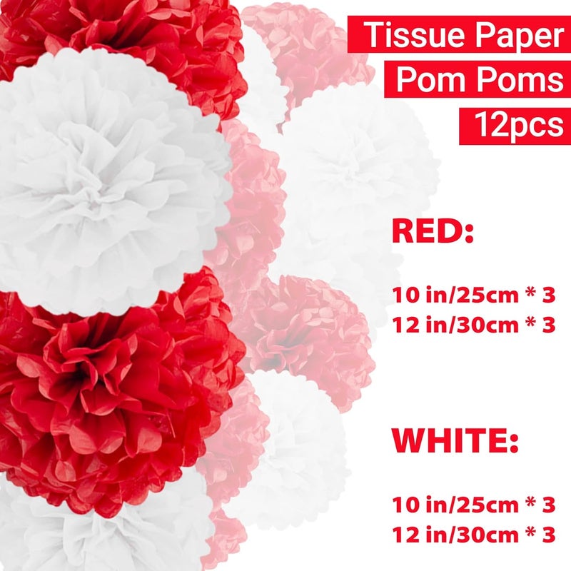 Capesaro Red and White Paper Pom Poms - 10",12" Tissue Pom Poms Decorations for Party Hanging Decor - 12 Piece Set - Image 2