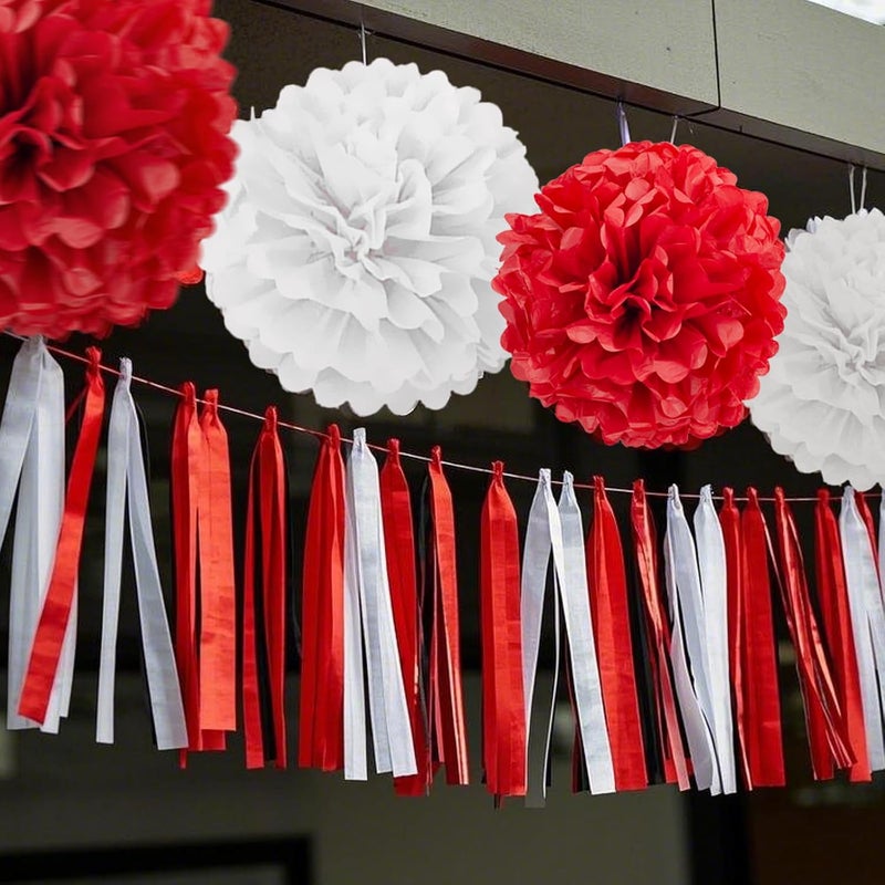 Capesaro Red and White Paper Pom Poms - 10",12" Tissue Pom Poms Decorations for Party Hanging Decor - 12 Piece Set - Image 4