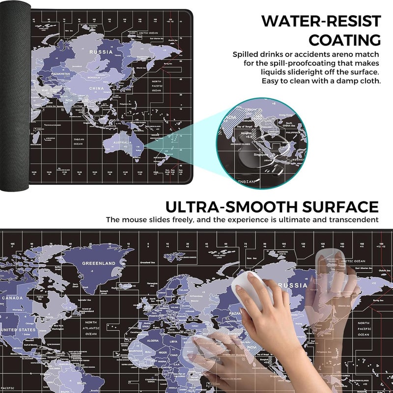 TIDALSOIL وسادة ماوس للألعاب 900x400 مم، حصيرة مكتبية ممتدة كبيرة الح��م مانعة للانزلاق، تصميم خريطة العالم مع قاعدة مطاطية وحواف مخيطة، مثالية للاستخدام في الألعاب والمكتب، أسود - Image 4