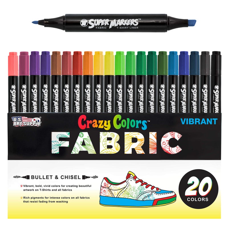 US Art Supply Super Markers 20 Vibrant Dual Tip Fabric Markers Fine Chisel Point Pens Fabric Marker Permanent for Clothes TShirts Permanent Ink EyeCatching Vibrant Bold Colors