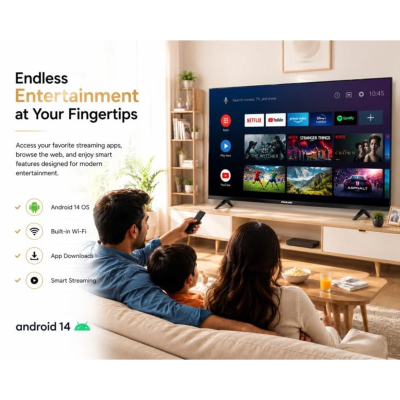 تلفزيون ذكي QLED مقاس 43 بوصة بدقة Full HD 1080p Android 14 واي فاي مدمج بدون إطار، تصميم نحيف للغاية، ذاكرة وصول عشوائي 1 جيجابايت، تخزين 8 جيجابايت، يوتيوب، فيسبوك، متصفح الويب HDMI وUSB 20 وات صوت - NTV43QSLED - Image 4