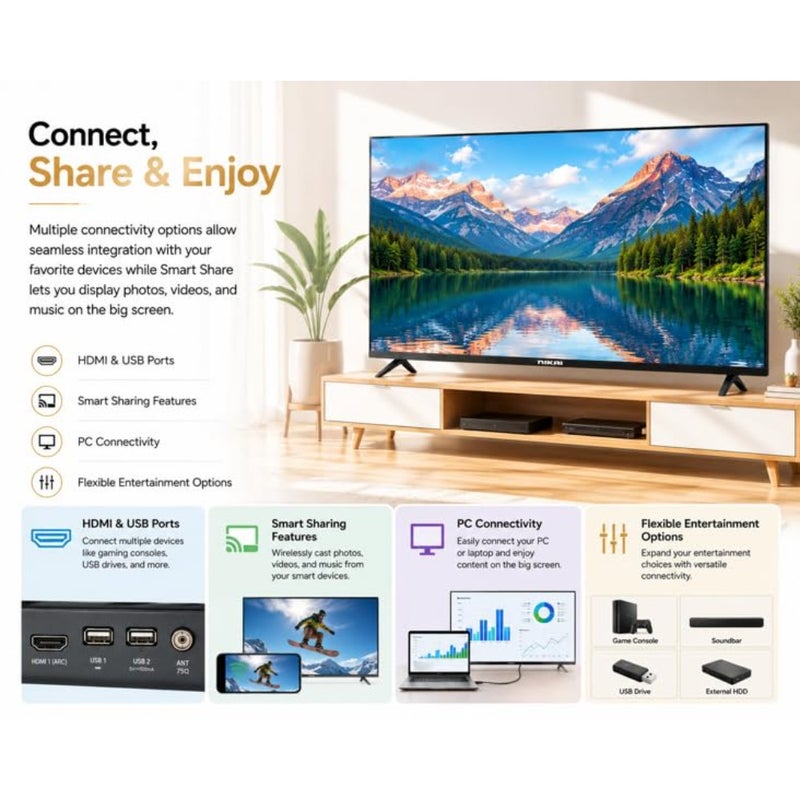 تلفزيون ذكي QLED مقاس 43 بوصة بدقة Full HD 1080p Android 14 واي فاي مدمج بدون إطار، تصميم نحيف للغاية، ذاكرة وصول عشوائي 1 جيجابايت، تخزين 8 جيجابايت، يوتيوب، فيسبوك، متصفح الويب HDMI وUSB 20 وات صوت - NTV43QSLED - Image 5