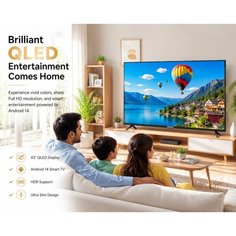 تلفزيون ذكي QLED مقاس 43 بوصة بدقة Full HD 1080p Android 14 واي فاي مدمج بدون إطار، تصميم نحيف للغاية، ذاكرة وصول عشوائي 1 جيجابايت، تخزين 8 جيجابايت، يوتيوب، فيسبوك، متصفح الويب HDMI وUSB 20 وات صوت - NTV43QSLED - Image 2