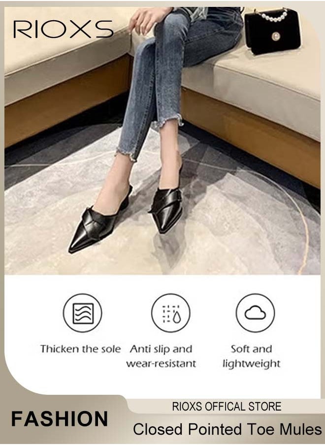 RIOXS - Women's Mules, Closed Pointed Toe Strapless Backless Sandals, Casual Low Heeled Sandals For Women, Chunky Heel Slippers For Work And Party, Comfortable Slip On Mules Dressy Shoes - Image 1
