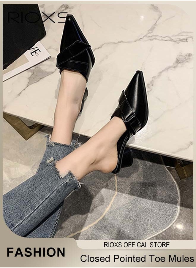 RIOXS - Women's Mules, Closed Pointed Toe Strapless Backless Sandals, Casual Low Heeled Sandals For Women, Chunky Heel Slippers For Work And Party, Comfortable Slip On Mules Dressy Shoes - Image 1