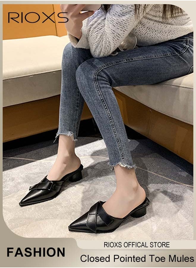RIOXS - Women's Mules, Closed Pointed Toe Strapless Backless Sandals, Casual Low Heeled Sandals For Women, Chunky Heel Slippers For Work And Party, Comfortable Slip On Mules Dressy Shoes - Image 1