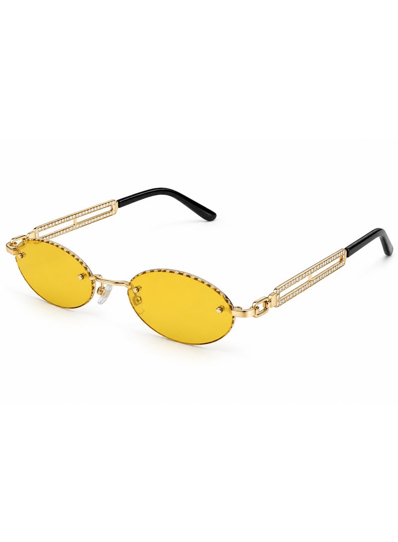 Gold-Tone Rimless Oval Sunglasses with Yellow Lenses & Crystal Detail