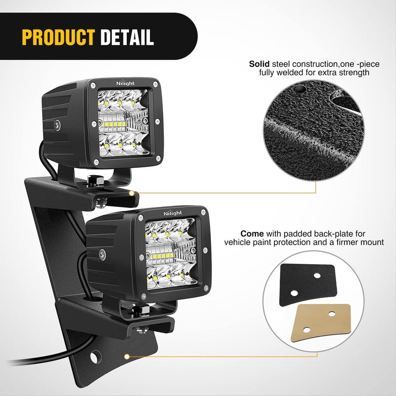 Nilight 2PCS Windshield Hinge Mounting Brackets Dual A-Pillar for Offroad LED Fog Light Work Light for 2007 2008 2009 2010 2011 2012 2013 2014 2015 2016 2017 Wrangler JK/JKU 2DR 4DR,2 Years Warranty - Image 3