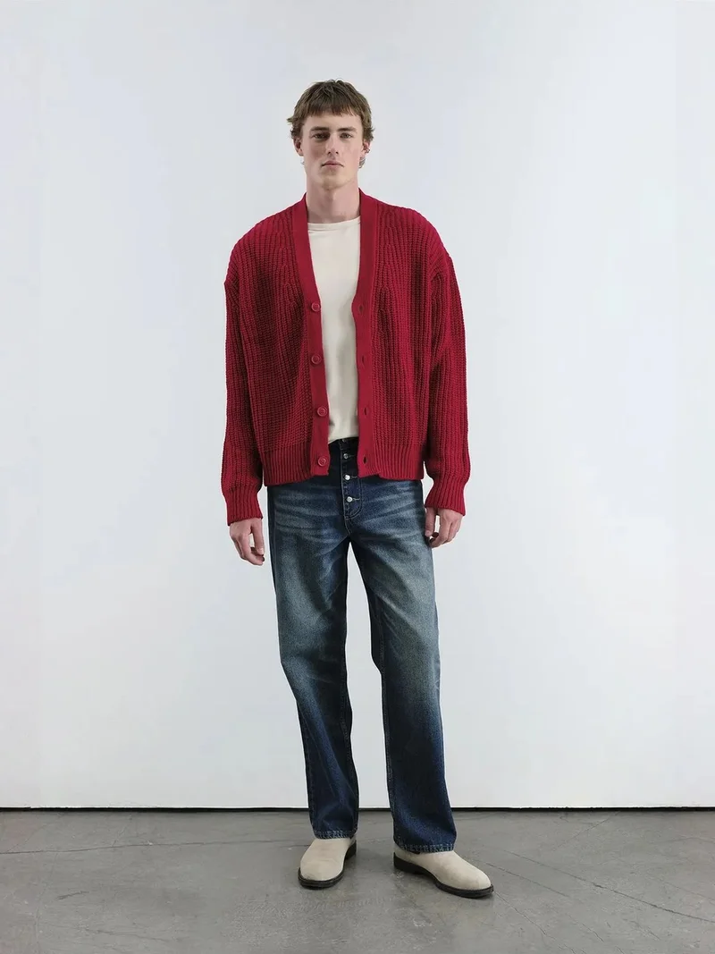 جيستو GIESTO Thick Ribbed Knit Cardigan with V-Neck and Button Closure