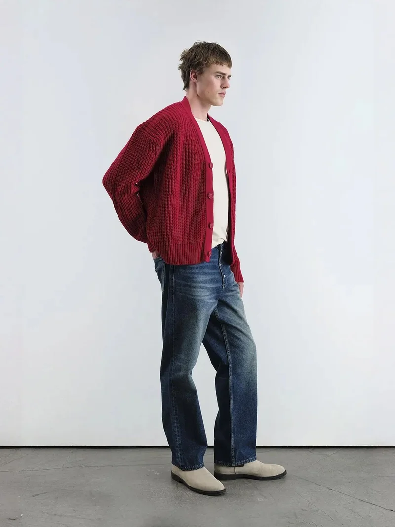 جيستو GIESTO Thick Ribbed Knit Cardigan with V-Neck and Button Closure