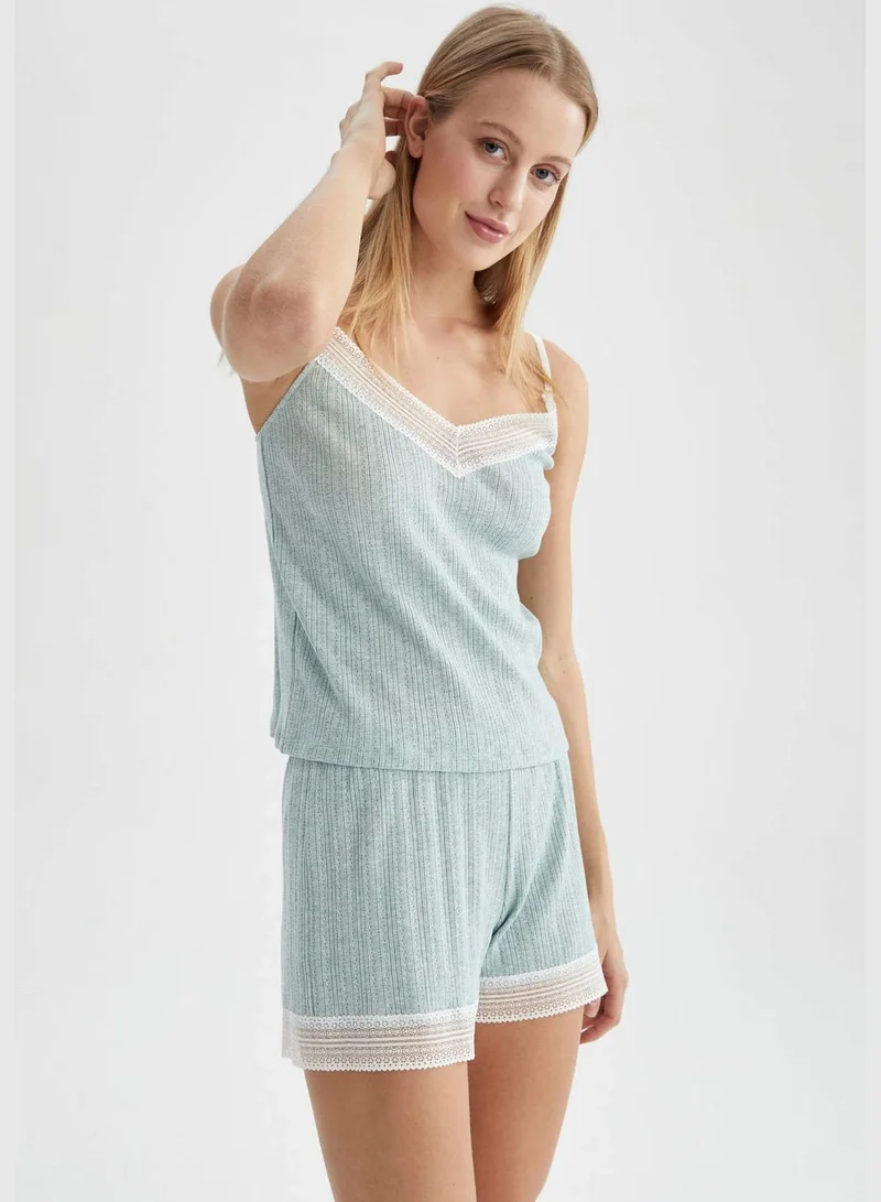 DeFacto Regular Fit V-Neck  Strappy Lace Detail Pyjama Set