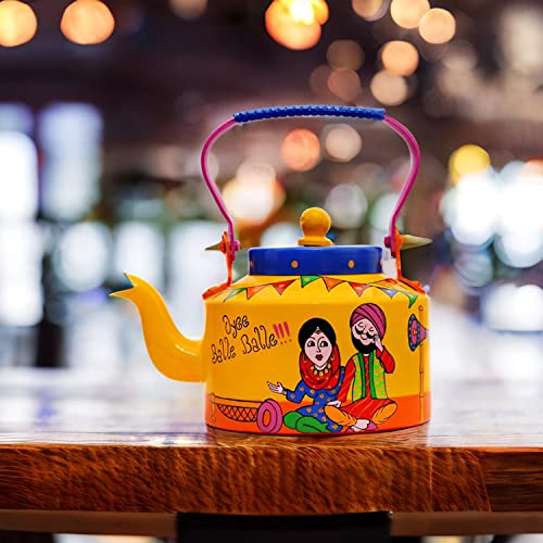 A Krazy Mug Hand Crafted & Hand Designed Colourful Decorative Traditional Punjabi Couple Theme Desi Tea Chai Aluminium Kettle (1.25 L) - Image 5