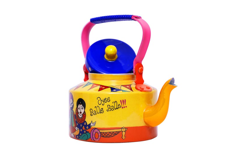 A Krazy Mug Hand Crafted & Hand Designed Colourful Decorative Traditional Punjabi Couple Theme Desi Tea Chai Aluminium Kettle (1.25 L) - Image 4