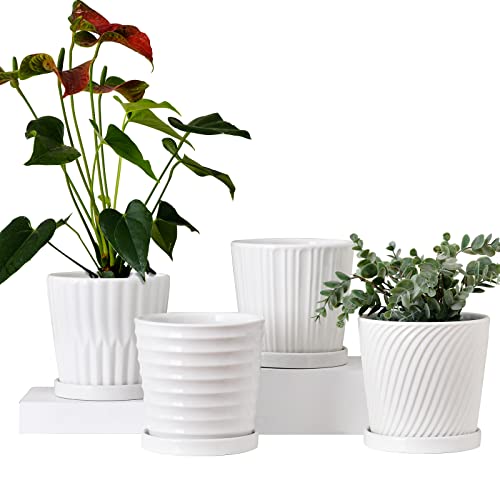 Ton Sin Plant PotsWhite 6 Inch Flower Pots for PlantsCeramic Planter with Drainage HolesIndoor Planter Pots with SaucerOutdoor Garden Pots White 4 Pack