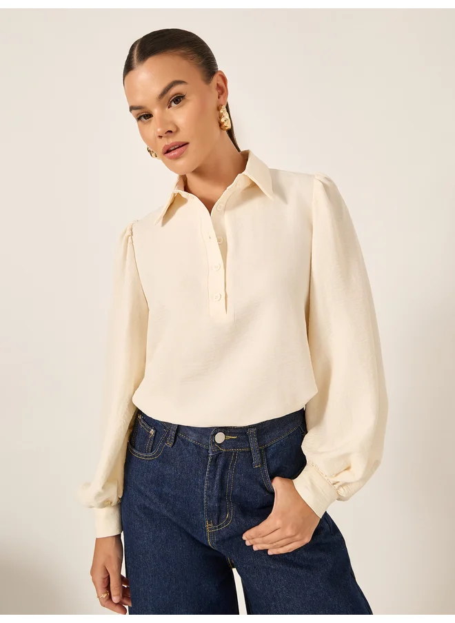 ستايلي Styli Textured Balloon Sleeve Spread Collar Shirt