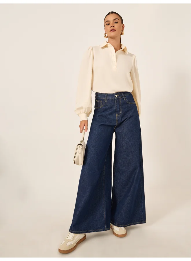 ستايلي Styli Textured Balloon Sleeve Spread Collar Shirt