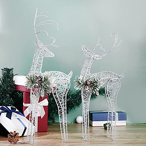 ZHANYIGY 2pc Set White Pinecone Rattan Silver Thread String Christmas Reindeer Figurine Table Desk Decorations Glittering Xmas Holiday Party Supply - Image 4