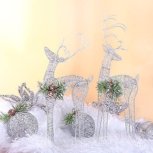 ZHANYIGY 2pc Set White Pinecone Rattan Silver Thread String Christmas Reindeer Figurine Table Desk Decorations Glittering Xmas Holiday Party Supply - Image 2