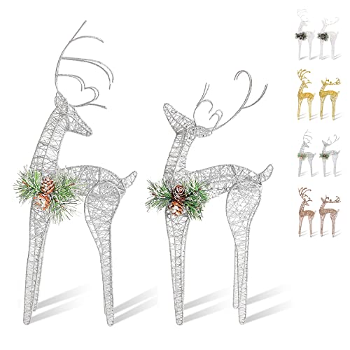 ZHANYIGY 2pc Set White Pinecone Rattan Silver Thread String Christmas Reindeer Figurine Table Desk Decorations Glittering Xmas Holiday Party Supply - Image 1