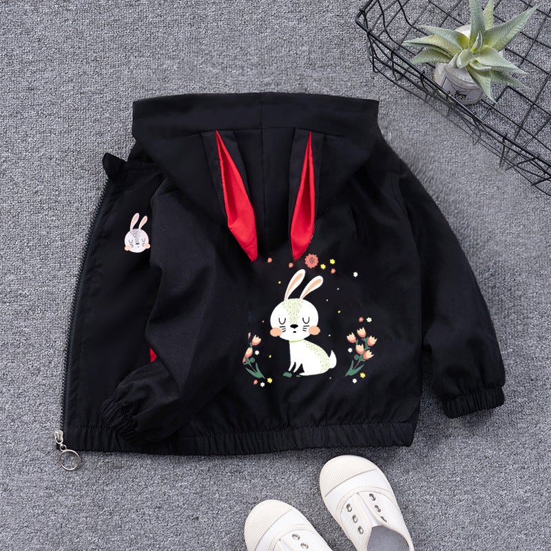 Childrens Coat Hooded Top Girls Cartoon Cardigan Candy Color Baby Girls Hooded Zipper Shirt Cute Rabbit Black 15 