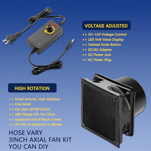 Hose Vary 3in Axial Exhaust Fan, 80mm 12V 4500RPM DC Fan with AC Plug Dual Ball Bearings Air Exhaust Fume Smoke Extractor Fan Kit for DIY Soldering, 3D Printer Enclosure - Image 3