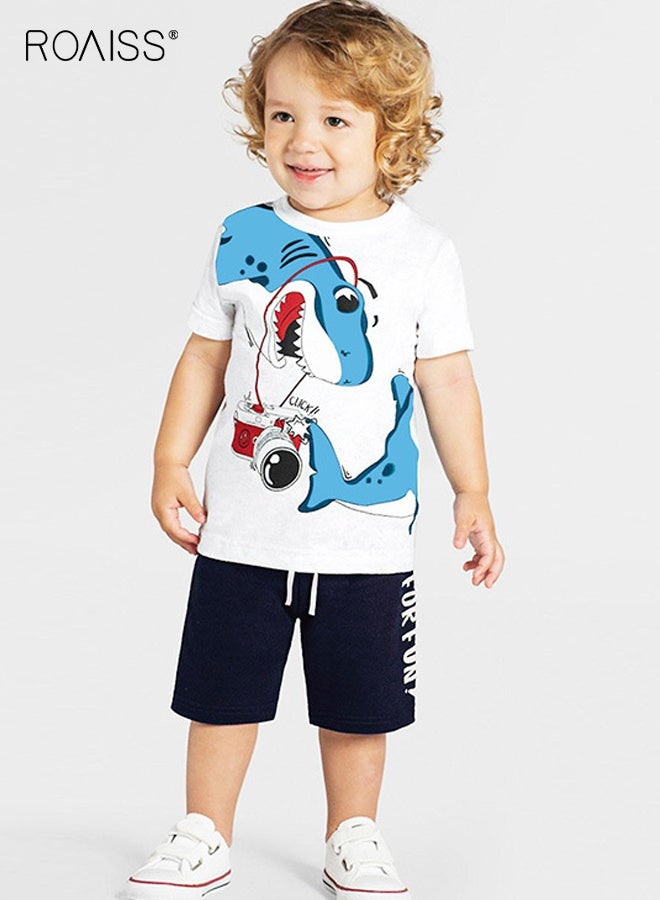roaiss Little Boy T-Shirt and Shorts Set, Stylish 2-Piece Outfit for Toddler Boys, Summer Cotton Outfit with Shark-patterned Top and Drawstring Shorts, Perfect for Daily Wear or Various Occasions  - Image 2