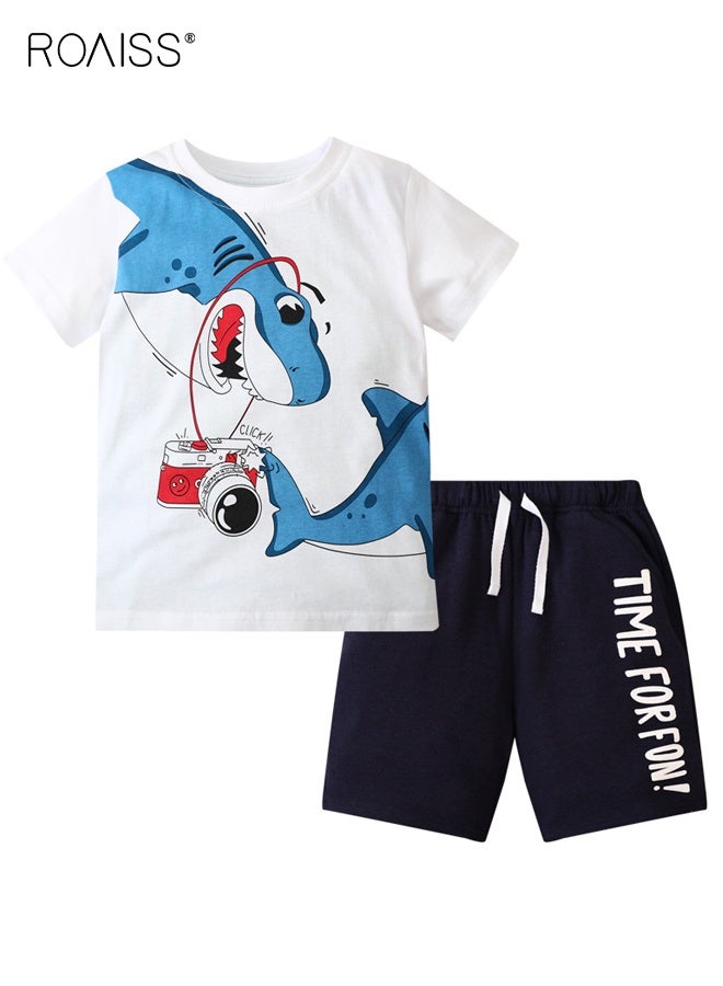 roaiss Little Boy T-Shirt and Shorts Set, Stylish 2-Piece Outfit for Toddler Boys, Summer Cotton Outfit with Shark-patterned Top and Drawstring Shorts, Perfect for Daily Wear or Various Occasions  - Image 1