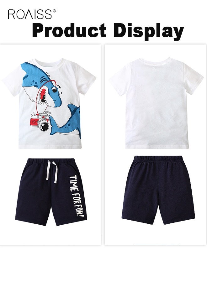 roaiss Little Boy T-Shirt and Shorts Set, Stylish 2-Piece Outfit for Toddler Boys, Summer Cotton Outfit with Shark-patterned Top and Drawstring Shorts, Perfect for Daily Wear or Various Occasions  - Image 3
