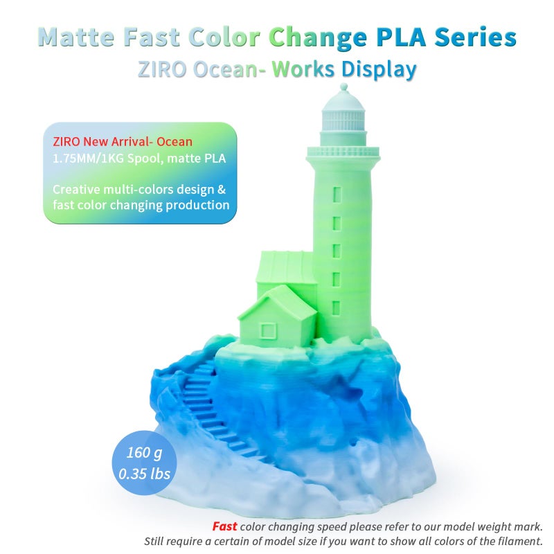ZIRO 3D Printer Filament, Fast Color Changing Filament 1.75mm, Color Gradient PLA Filaments, Matte Texture, Dimensional Accuracy +/- 0.03mm, Fit Most 3D Printer 2.2lbs Spool, Ocean(Matte) - Image 2