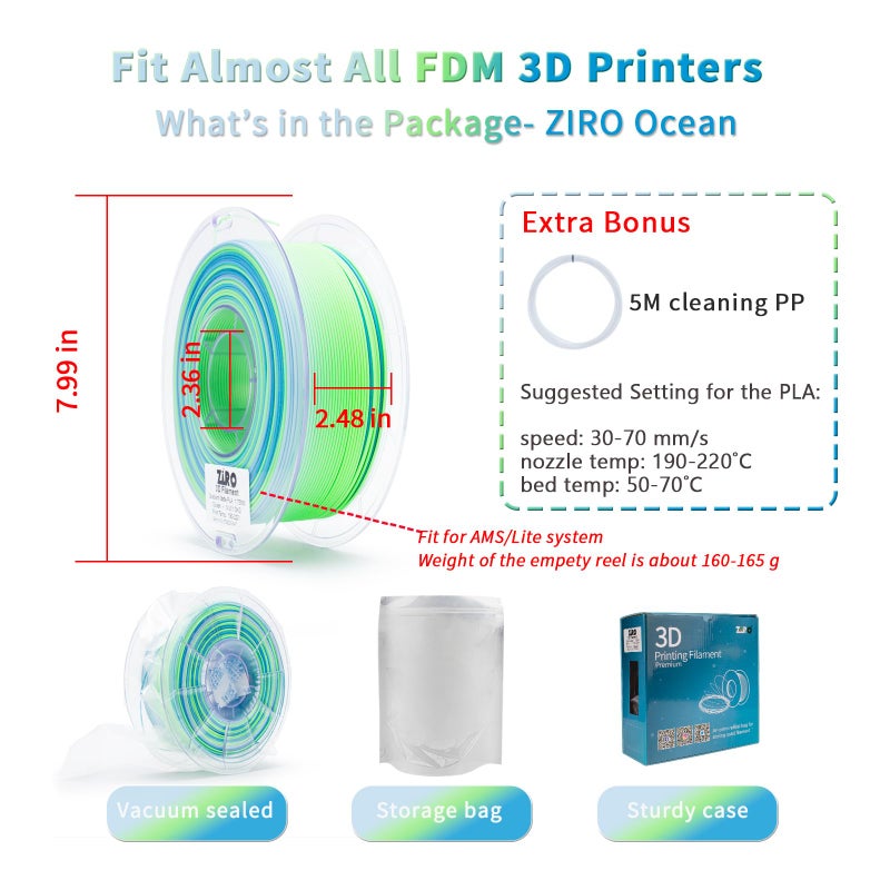 ZIRO 3D Printer Filament, Fast Color Changing Filament 1.75mm, Color Gradient PLA Filaments, Matte Texture, Dimensional Accuracy +/- 0.03mm, Fit Most 3D Printer 2.2lbs Spool, Ocean(Matte) - Image 5