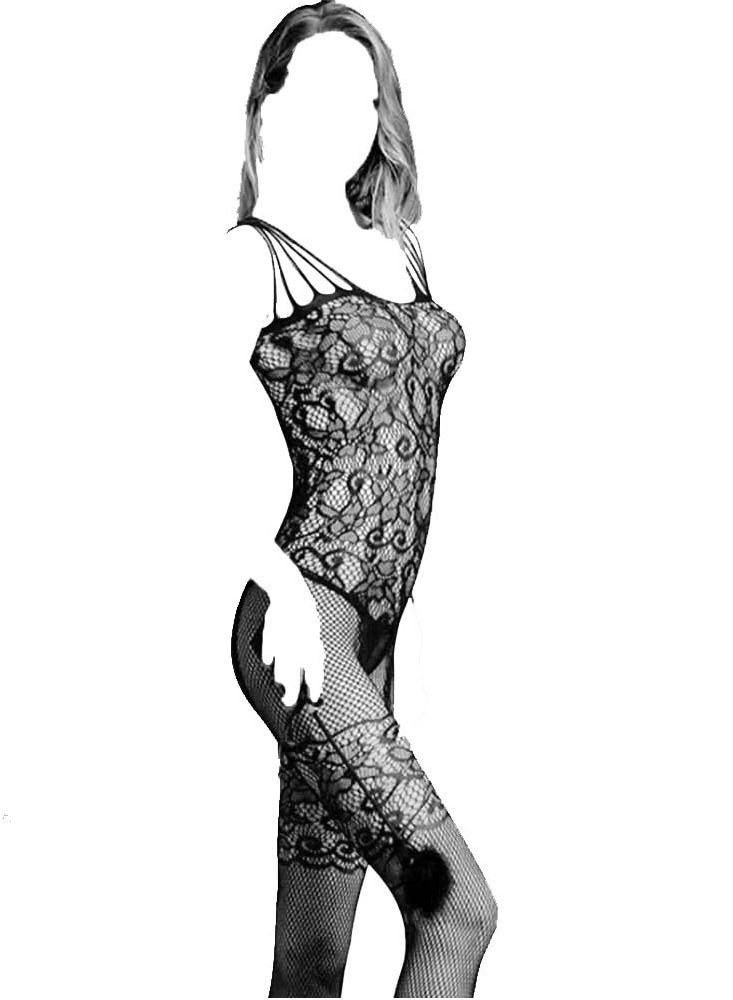 Y&D One-Piece Socks Fringed Shoulder Straps See-Through Jacquard Crotch Free Netting Bodysuit Lace Night Wear Suit - Image 1