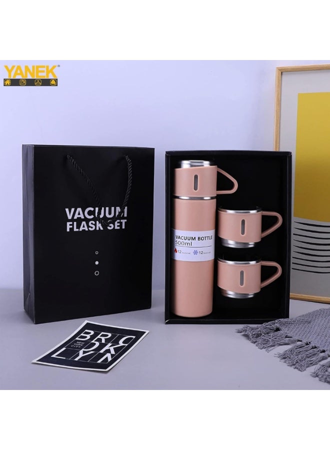 MOSH 500ml Stainless Steel Vacuum Thermos Flask with Silicone Handle – Insulated Water Bottle with 2 Stainless Steel Cups for Hot & Cold Drinks, Outdoor Travel Gift Box (1 Pack, Pink) - Image 2