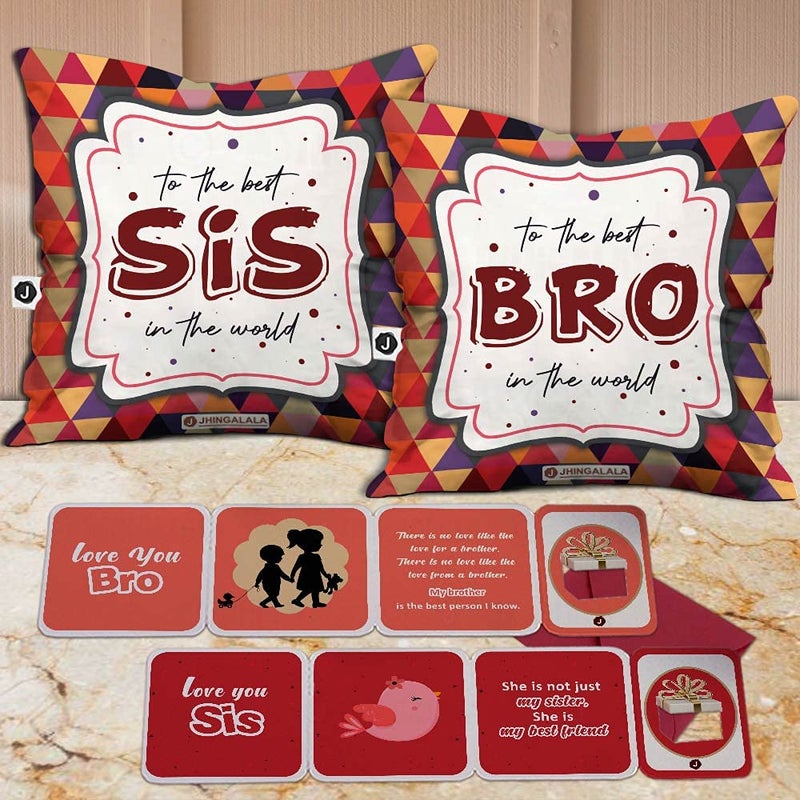 Jhingalala Jhingalala Gift for Brother Sister Combo to The Best BroSis in The World Printed Cushion Cover with Filler and Greeting Cards Combo Gifts for Brother Sister on Birthday Raksha Bandhan  - Image 2