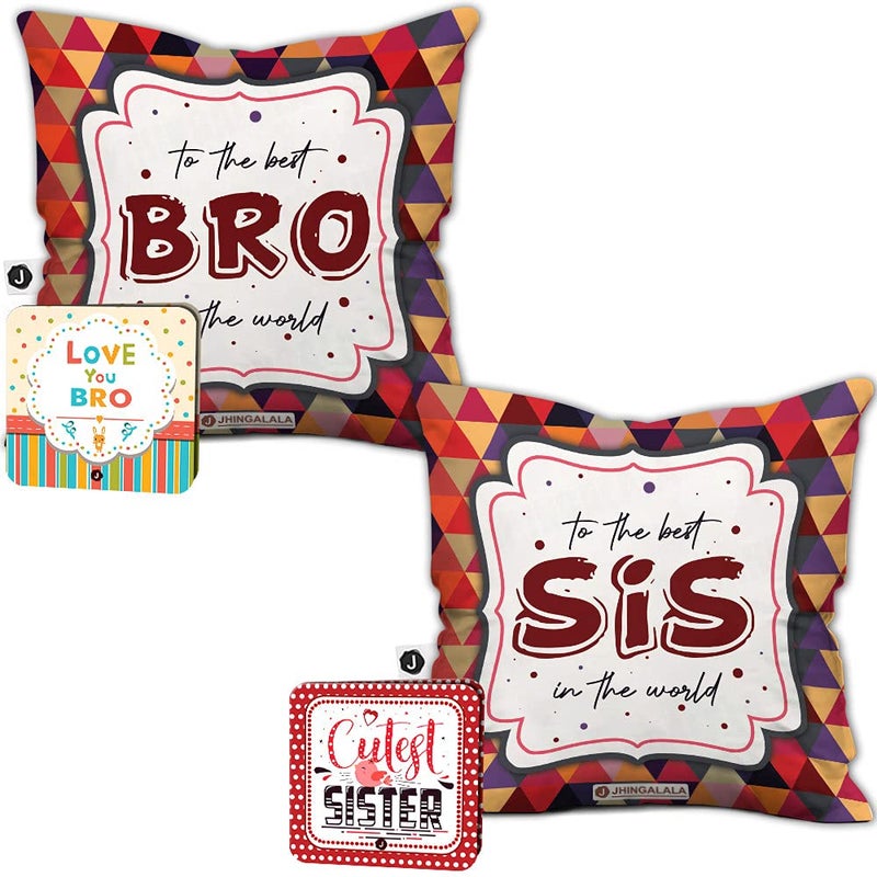 Jhingalala Jhingalala Gift for Brother Sister Combo to The Best BroSis in The World Printed Cushion Cover with Filler and Greeting Cards Combo Gifts for Brother Sister on Birthday Raksha Bandhan  - Image 1