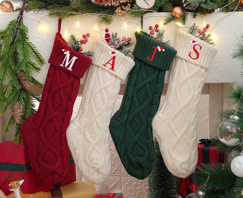 Nackiy Personalized Christmas Stockings with Initials, 18 Inches Large Embroidered Monogrammed Cable Knit Christmas Stocking for Family, Xmas Holiday Party Gifts & Decoration for Fireplace(White,Letter D) - Image 1