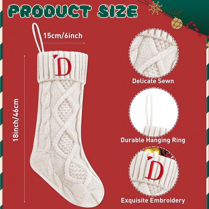 Nackiy Personalized Christmas Stockings with Initials, 18 Inches Large Embroidered Monogrammed Cable Knit Christmas Stocking for Family, Xmas Holiday Party Gifts & Decoration for Fireplace(White,Letter D) - Image 5