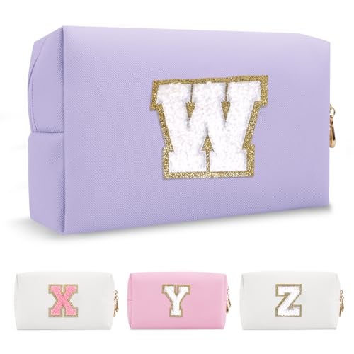 ChaoGreat Personalized Makeup Bag Initial A-Z Preppy Patch Bag,Small PU Leather Travel Cosmetic Bag Pouch with Zipper,Purple Cute Toiletry Bag,Gift Ideal for Teen Girls Women Birthday Friend Mom,Latter W - Image 1
