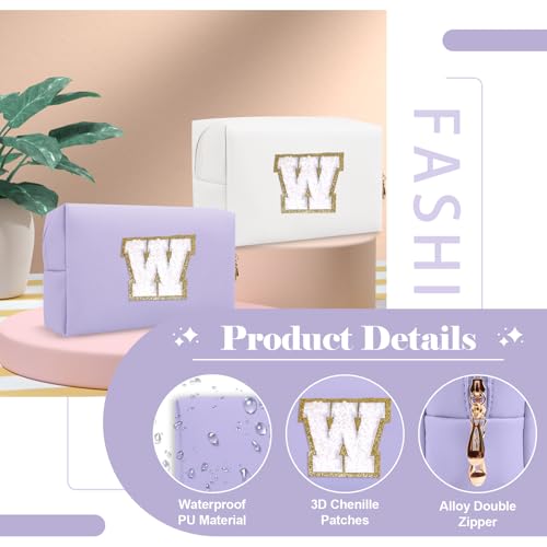 ChaoGreat Personalized Makeup Bag Initial A-Z Preppy Patch Bag,Small PU Leather Travel Cosmetic Bag Pouch with Zipper,Purple Cute Toiletry Bag,Gift Ideal for Teen Girls Women Birthday Friend Mom,Latter W - Image 3
