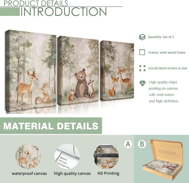 BGFCE Nursery Canvas Wall Art Set of 3 - Woodland Wild Animals Bear Fox Deer Watercolor Paintings Pictures Wall Decor, Forest Animal Decor for Boys Girls Room Decoration 12x16 inch Framed - Image 5