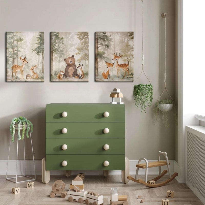 BGFCE Nursery Canvas Wall Art Set of 3 - Woodland Wild Animals Bear Fox Deer Watercolor Paintings Pictures Wall Decor, Forest Animal Decor for Boys Girls Room Decoration 12x16 inch Framed - Image 4