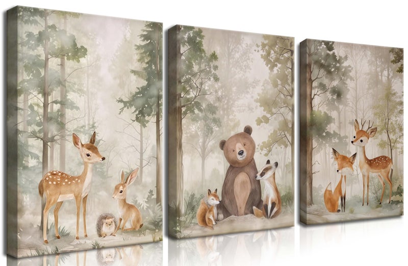 BGFCE Nursery Canvas Wall Art Set of 3 - Woodland Wild Animals Bear Fox Deer Watercolor Paintings Pictures Wall Decor, Forest Animal Decor for Boys Girls Room Decoration 12x16 inch Framed - Image 1