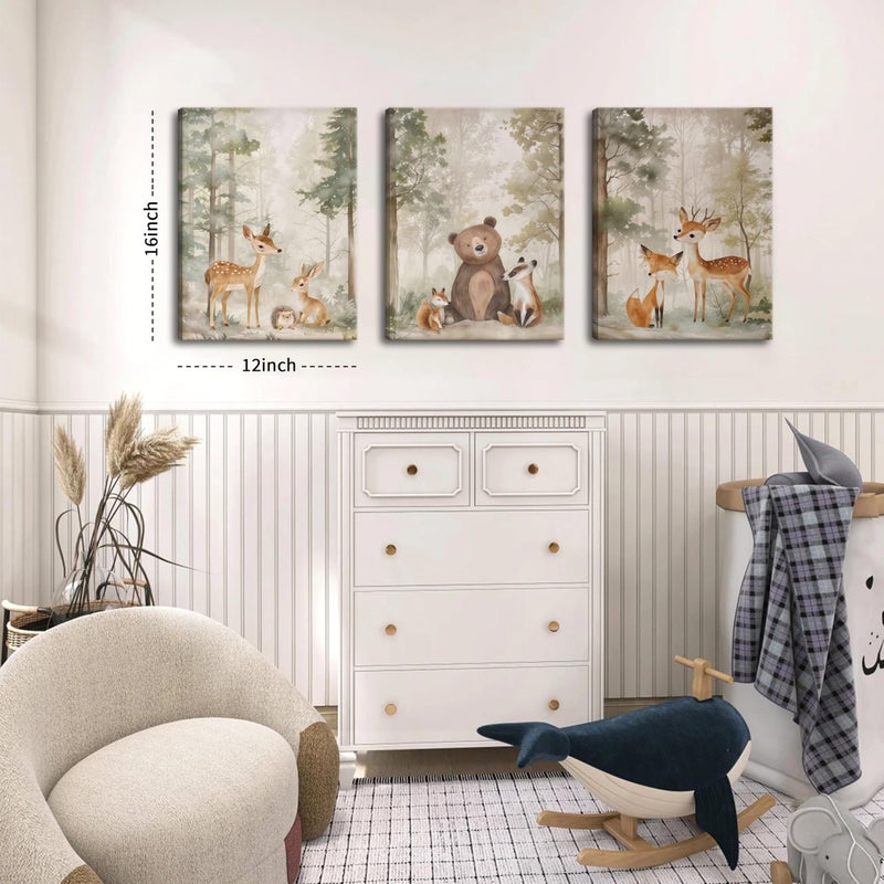 BGFCE Nursery Canvas Wall Art Set of 3 - Woodland Wild Animals Bear Fox Deer Watercolor Paintings Pictures Wall Decor, Forest Animal Decor for Boys Girls Room Decoration 12x16 inch Framed - Image 3